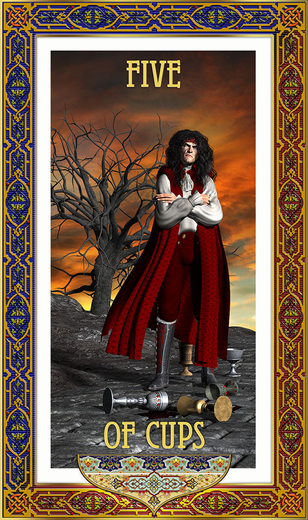 image of the potterverse tarot card, suit of cups - the five Potterverse Tarot, Suit of Cups - the Five