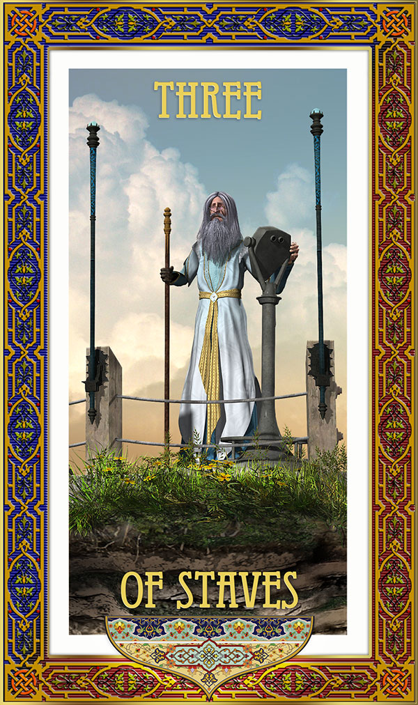 image of the potterverse tarot card, suit of staves - the three Potterverse Tarot, Suit of Staves - the Three